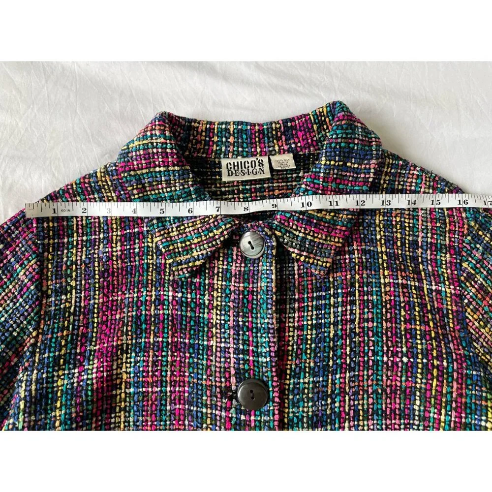 Vintage Chico's Design 100% Silk Boho Granny Chic Woven Tweed Rainbow Jacket